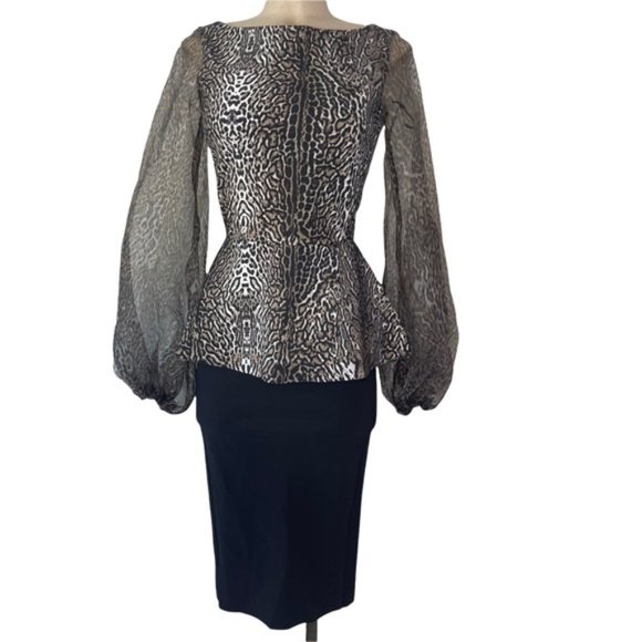 CHIARA BONI Hasana Sheer Leopard Print Organza Peplum Dress Size 40 NWT* - Picture 2 of 8